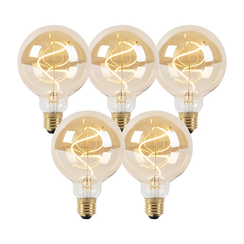 Set van 5 E27 dimbare LED spiraal filament lampen G95 goldline