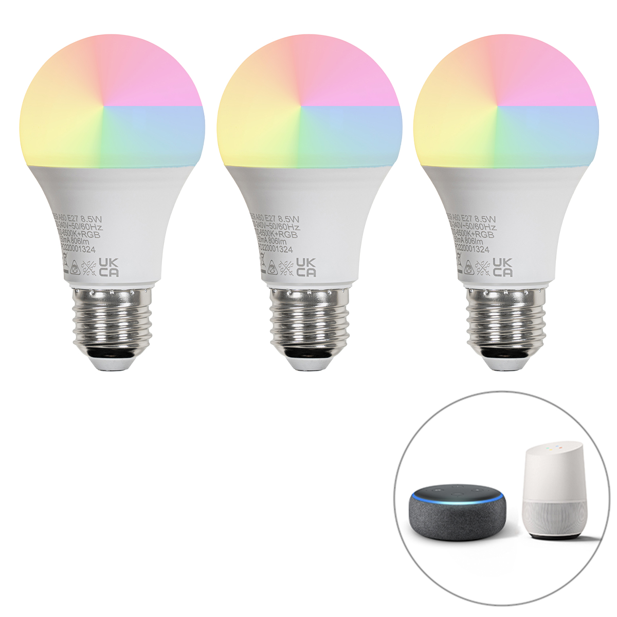 Juego de 3 bombillas LED inteligentes E27 A60 mate RGBW 8,5W 806 lm 2700K