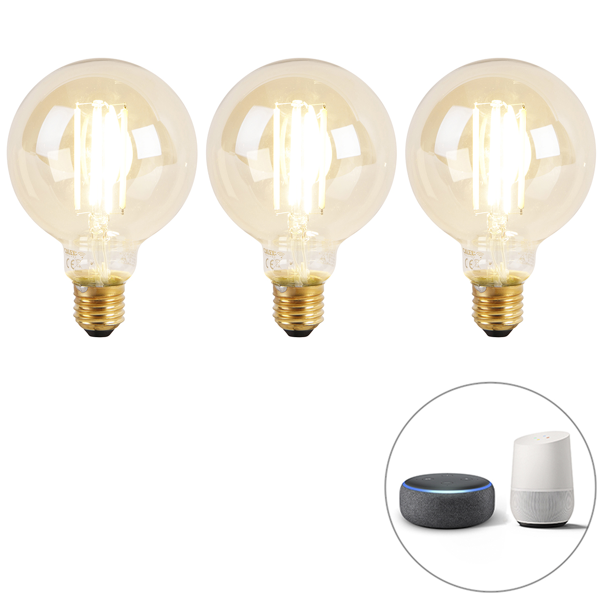 Image of Set di 3 lampade LED intelligenti E27 dimmerabili e calde G95 goldline 7W 806 lm 1800K - 3000K