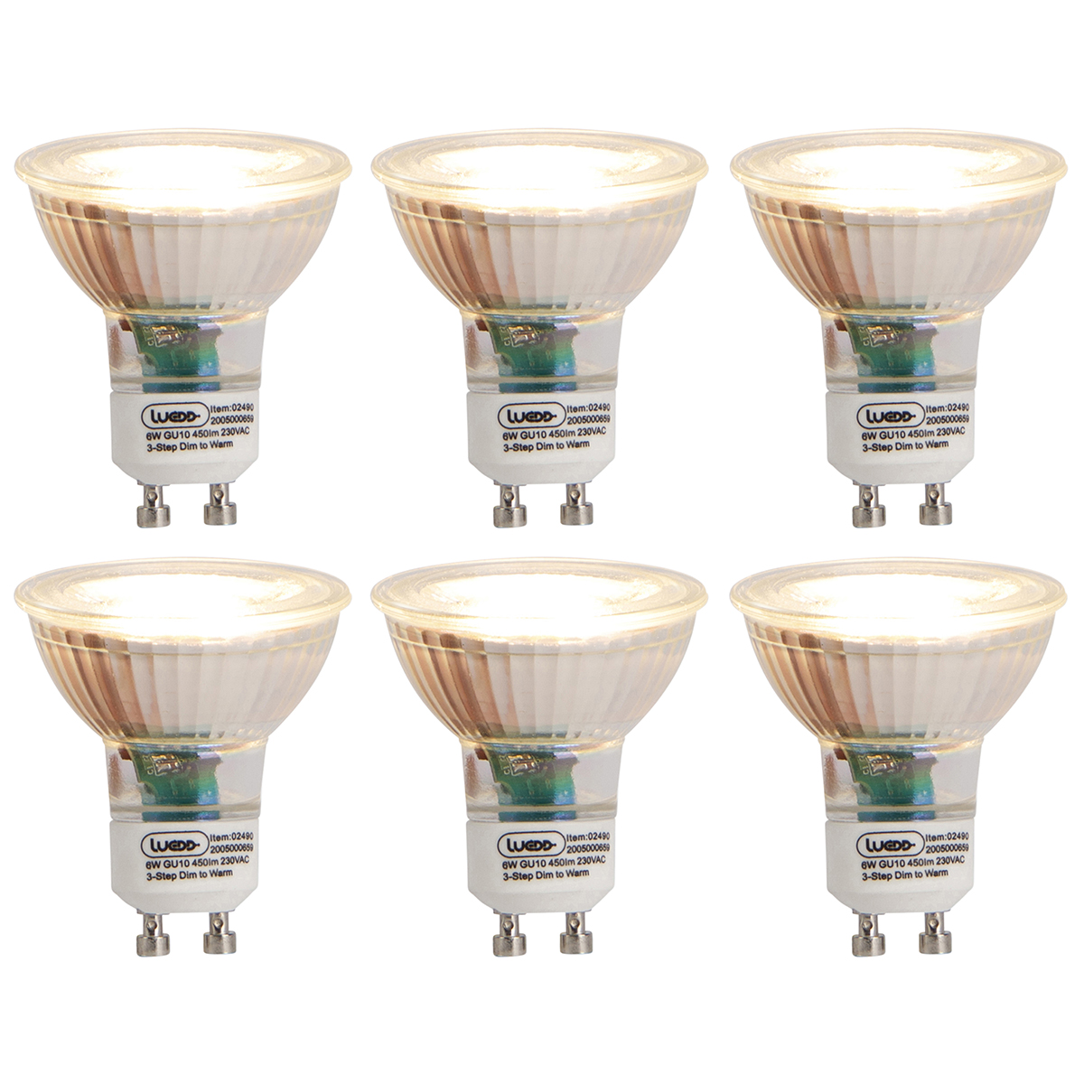 Set van 6 GU10 3-staps dim to warm LED lampen 6W 450 lm 2000K - 2700K
