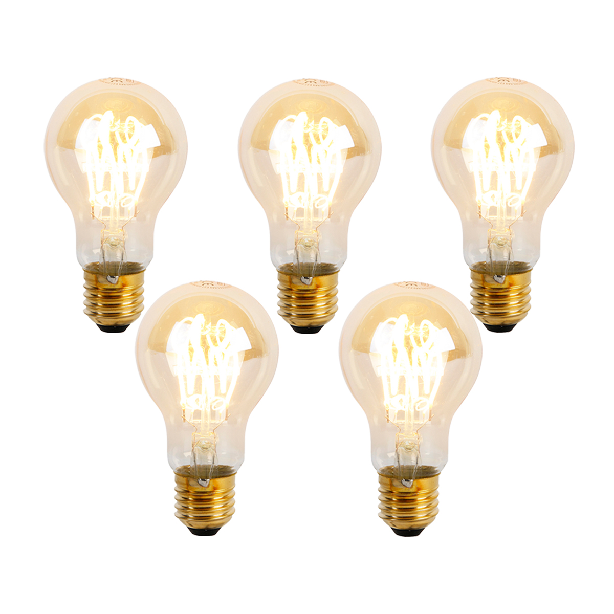 Set de 5 becuri LED E27 cu filament spiralat reglabile A60 Goldline 4W 270 lm 2200K