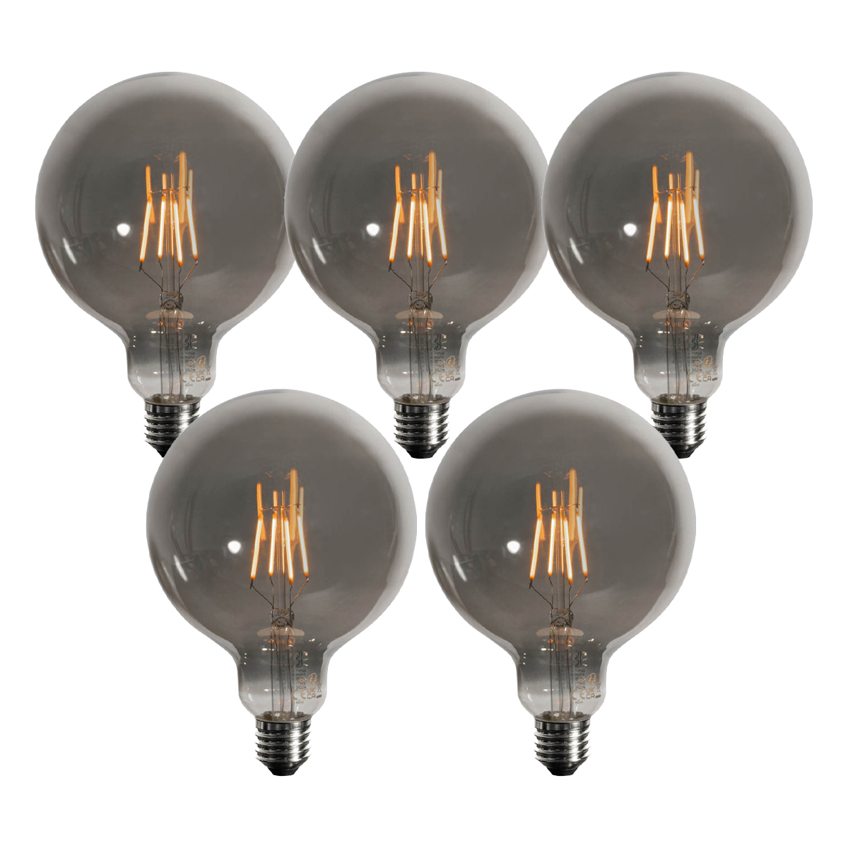 Sada 5 stmievateľných LED žiaroviek E27 dymová G125 4W 130 lm 1900K