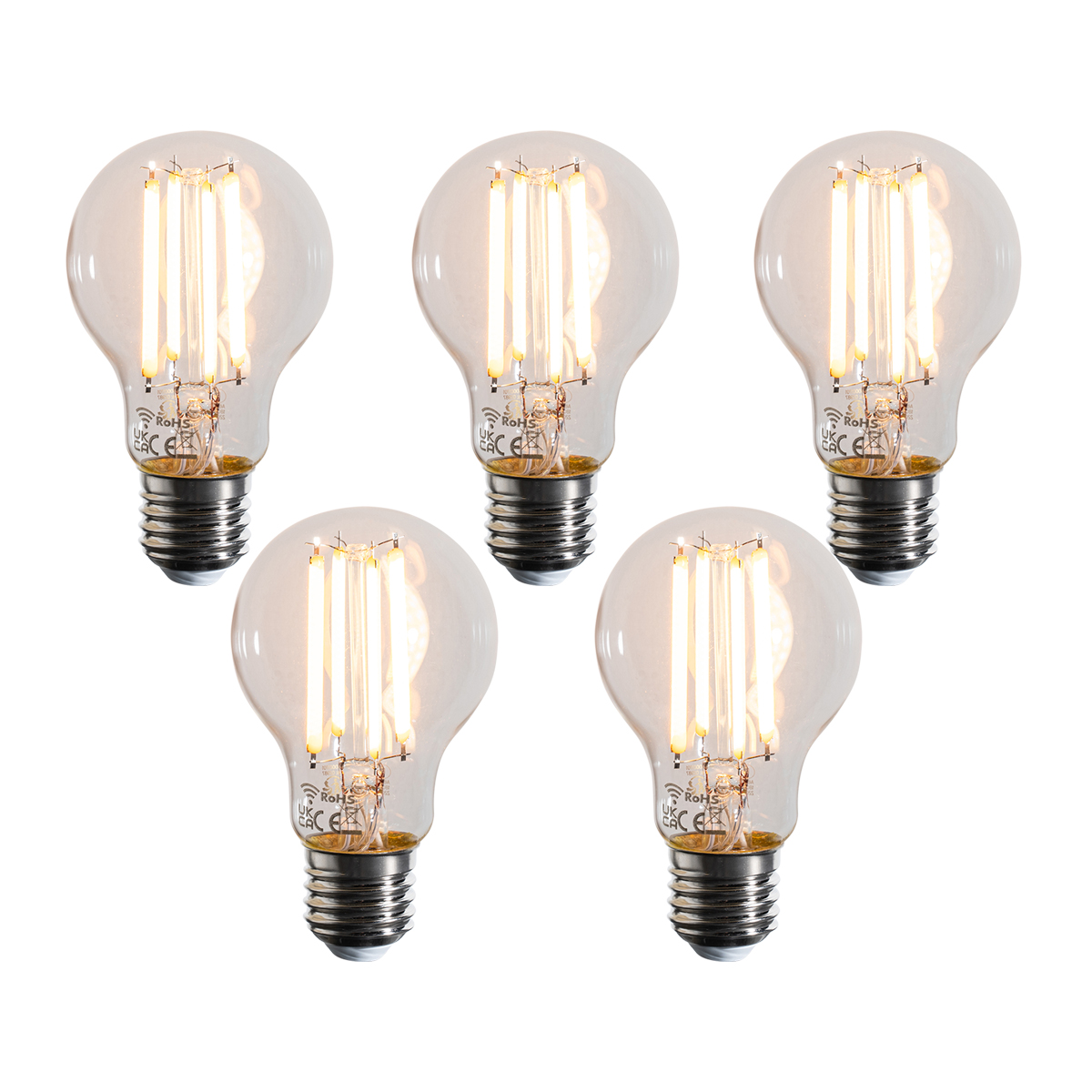 Set de 5 becuri LED inteligente E27 reglabile în Kelvin A60 transparente 7W 806 lm 1800-3000K