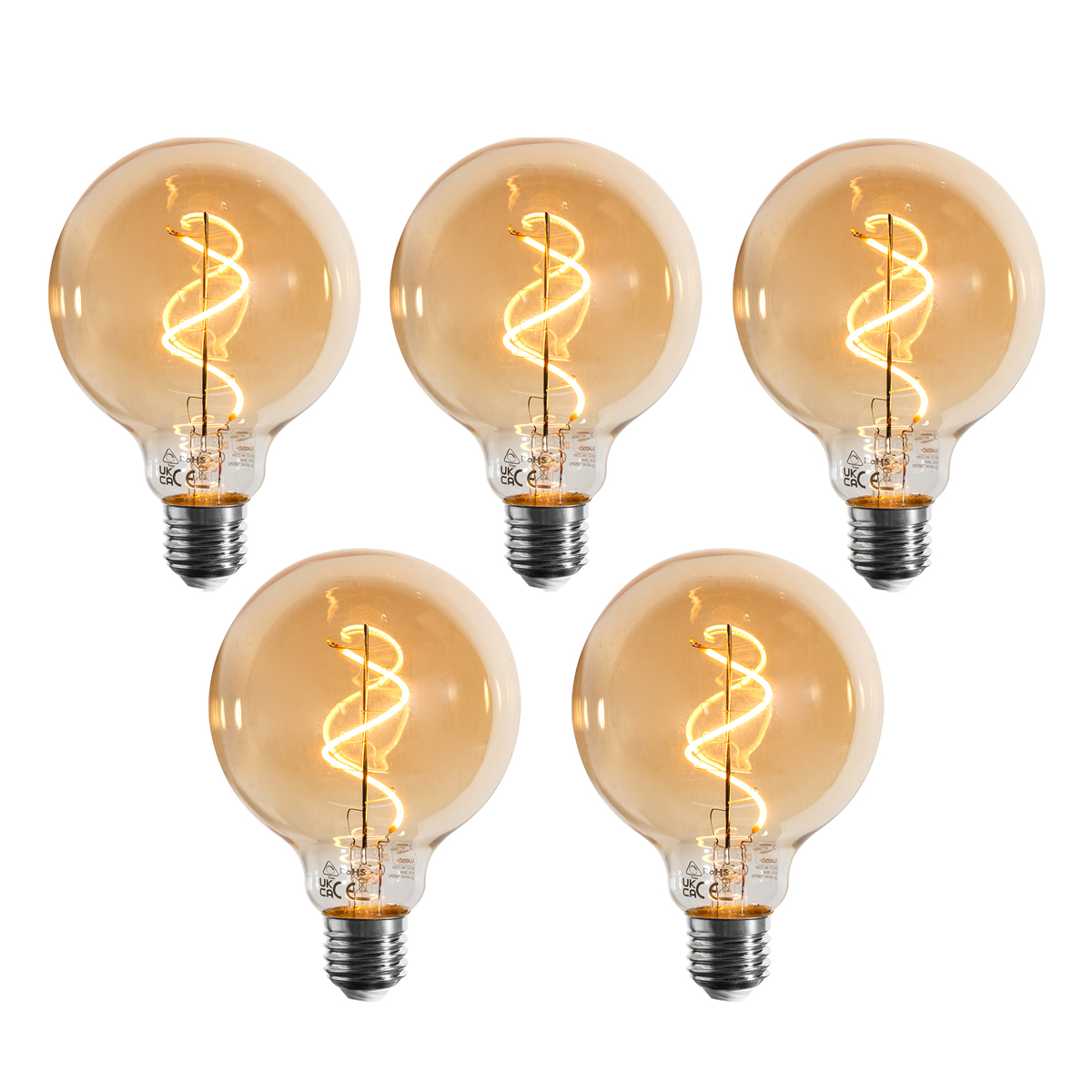Set de 5 becuri LED E27 dimabile cu filament spiralat G95 aurii 4W 270 lm 2100K