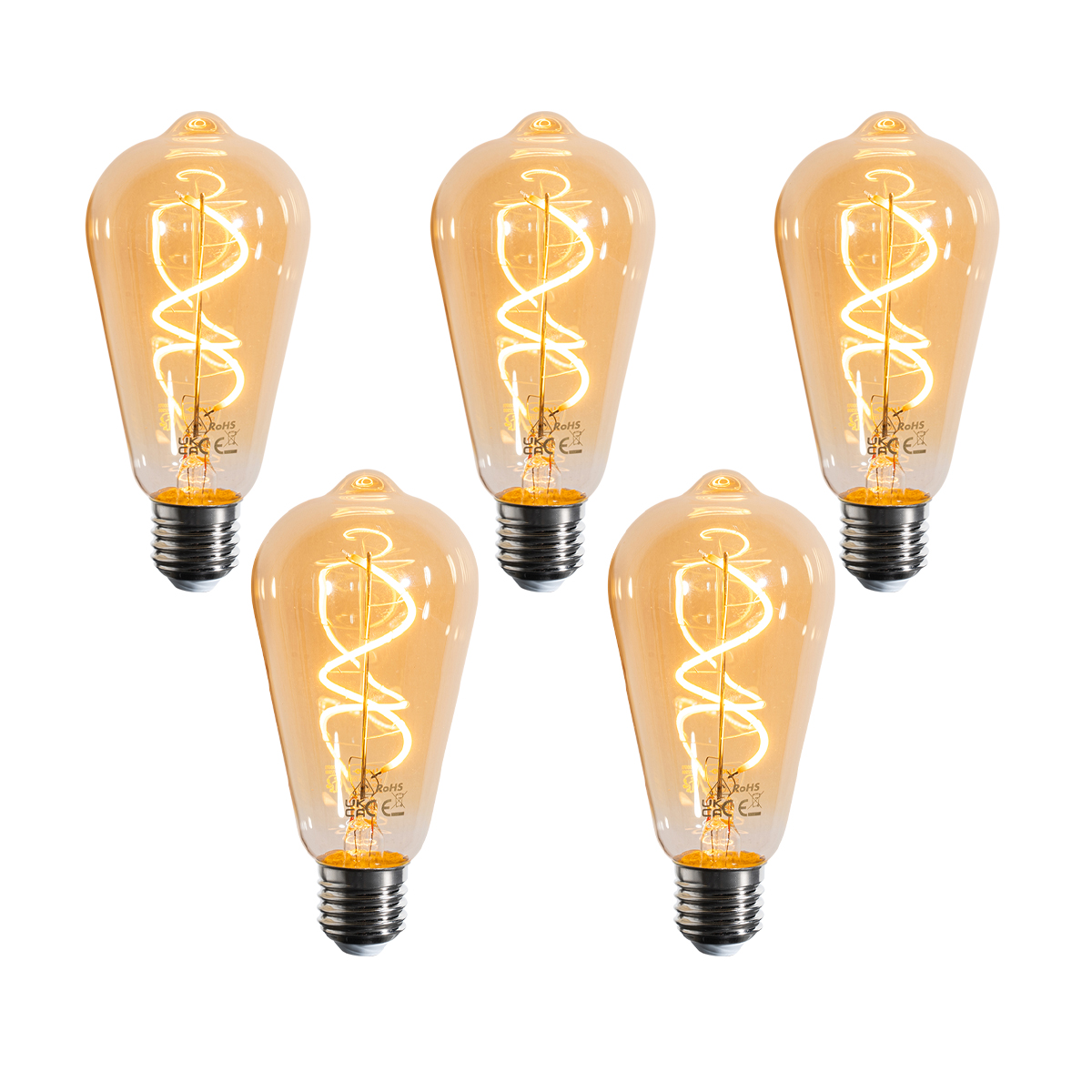Set de 5 becuri LED E27 dimabile cu filament spiralat ST64 auriu 4W 270 lm 2100K