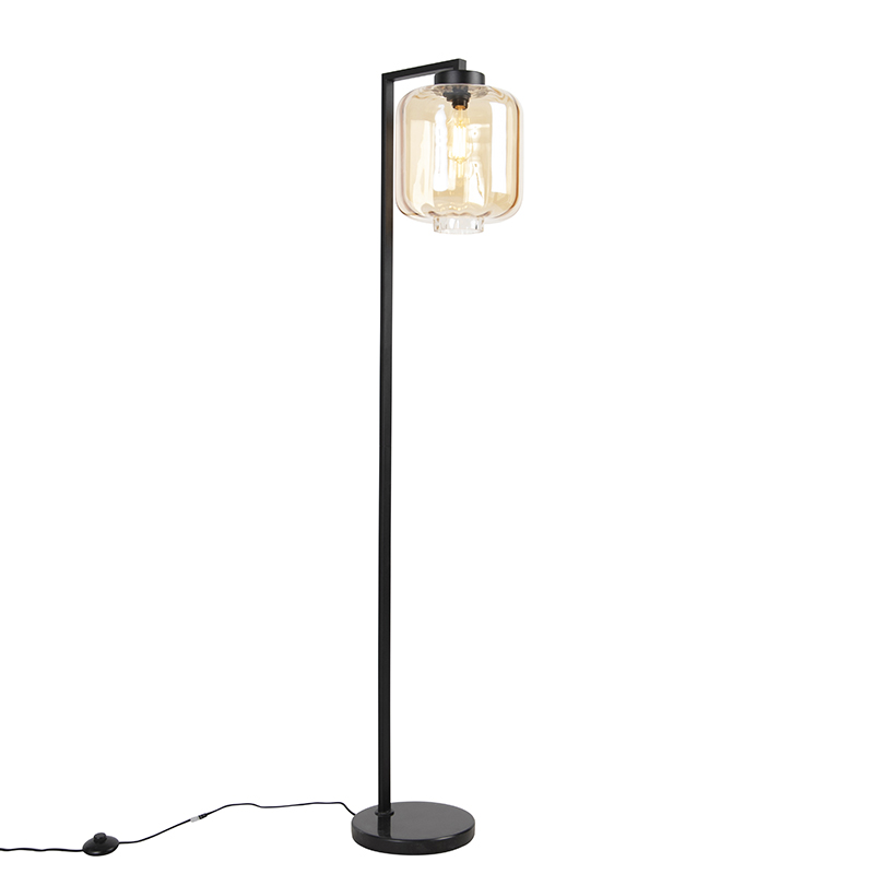 Design golvlampa svart med bärnstensglas – Qara