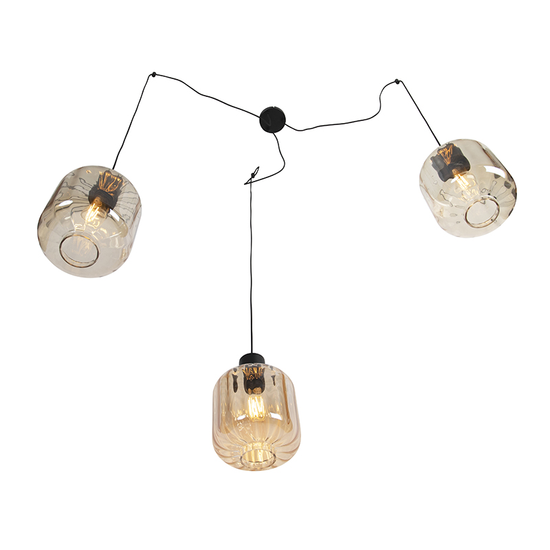 Design Pendant Light Black with Amber Glass 3-Light 226 cm - Qara