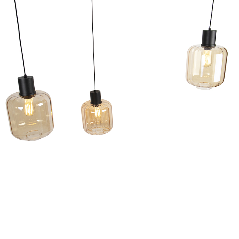 Design Pendant Light Black with Amber Glass 3-Light 226 cm - Qara