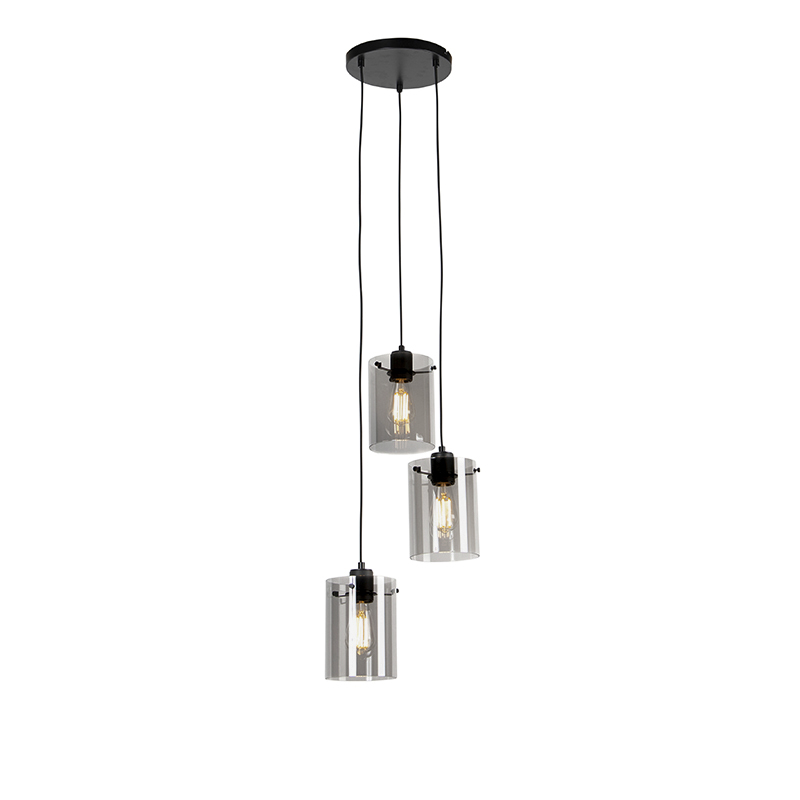 Designové závěsné svítidlo černé s kouřovým sklem 3-světlo - Dome – QAZQA