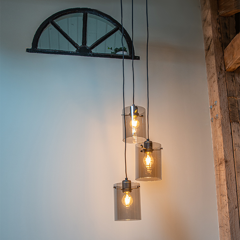 Design hanglamp zwart met smoke glas 3-lichts - Dome Design hanglamp zwart met smoke glas 3-lichts - Dome