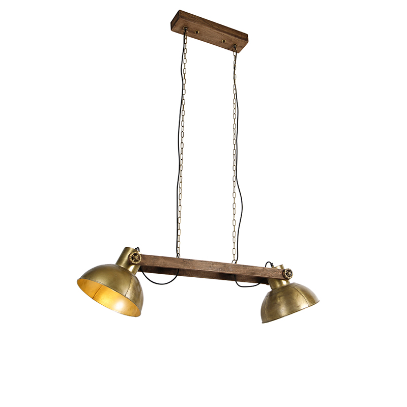 Industriële hanglamp goud 2-lichts met hout - Mangoes