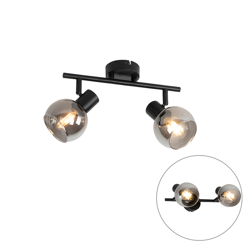 Stropné svietidlo v štýle Art Deco čierne s dymovým sklom 2-svetlo - Vidro