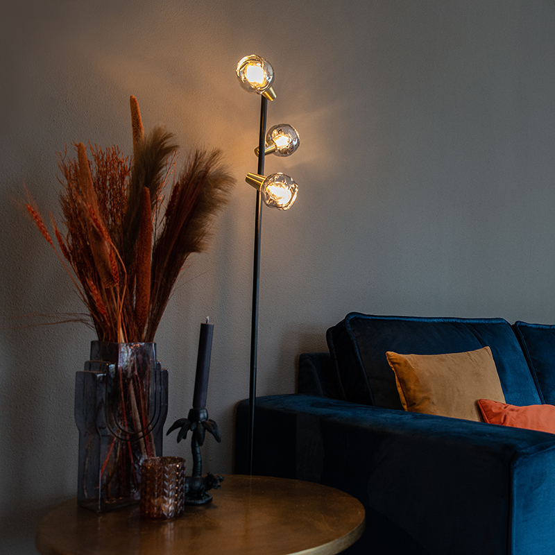 Art deco vloerlamp zwart en goud met smoke glas 3-lichts - Vidro Art deco vloerlamp zwart en goud met smoke glas 3-lichts - Vidro
