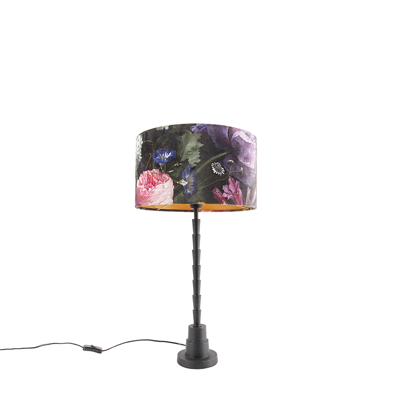Levně Stolní lampa černá 35 cm sametový odstín květinový design - Pisos