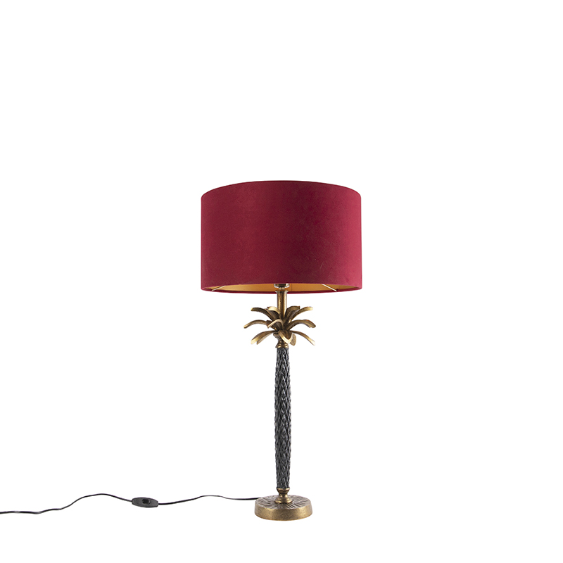 Lampe à poser Art Déco bronze abat-jour velours rouge 35 cm - Areka