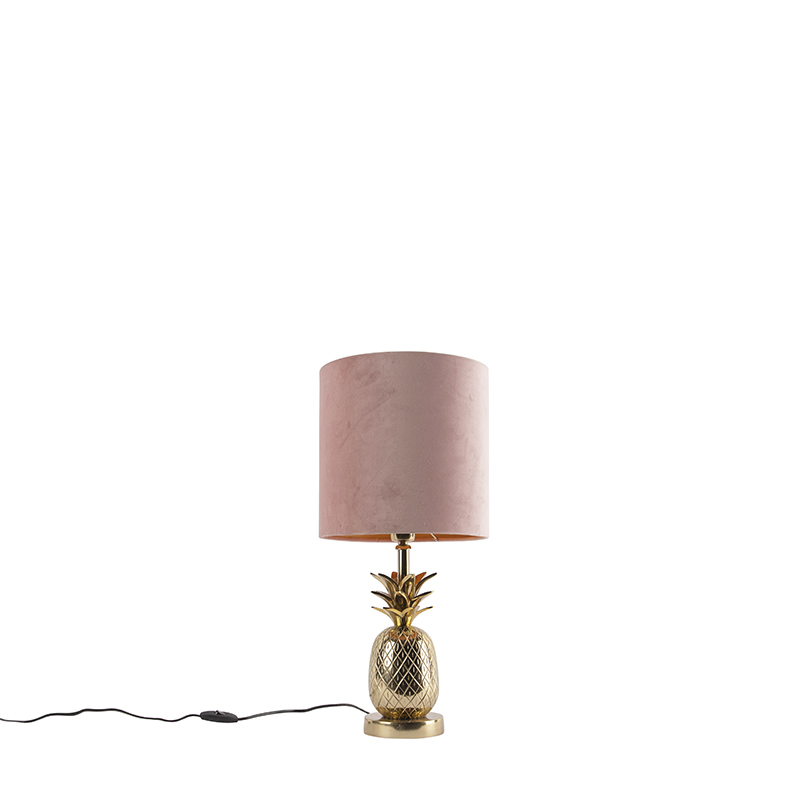 Lampe de table botanique or avec abat-jour velours rose 25 cm - Tropical