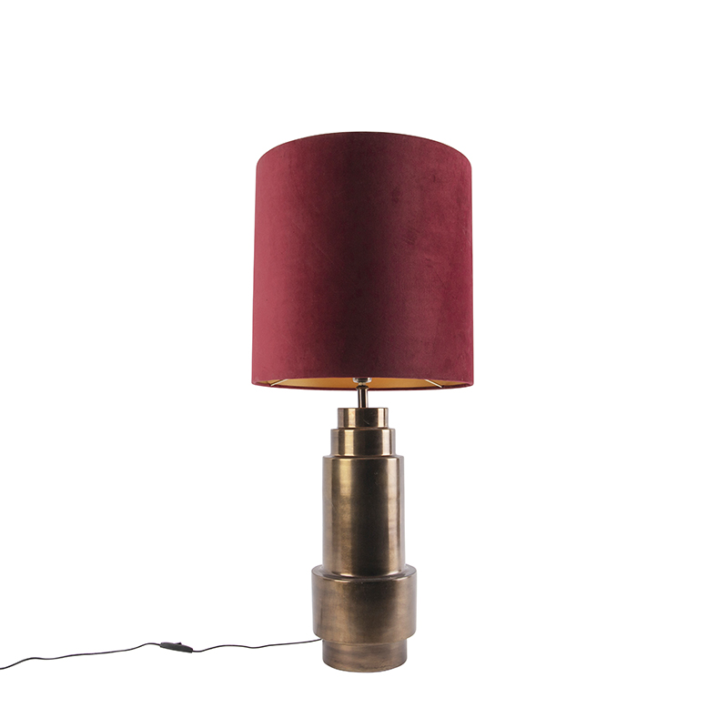Art deco table lamp bronze velor shade red with gold 50cm - Bruut