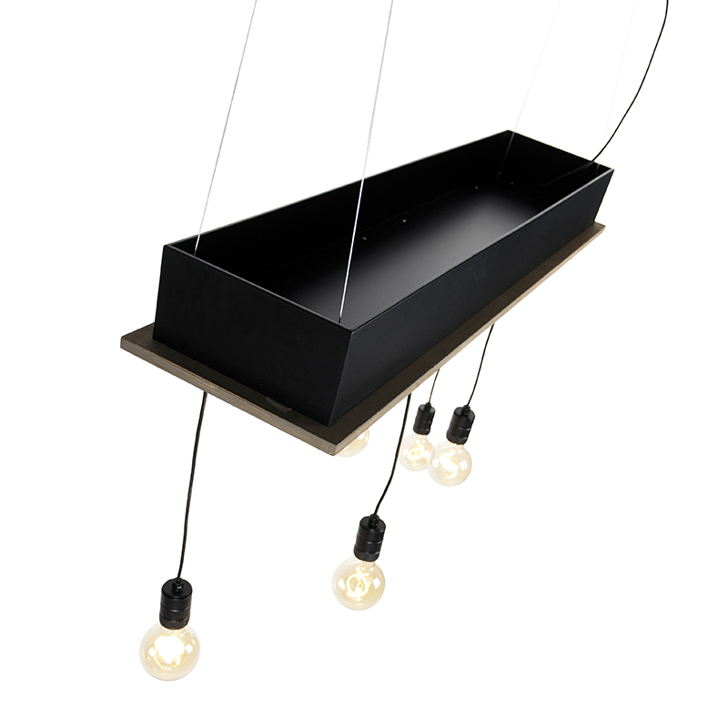 Lámpara colgante rústica negra con madera 5-luces - Flair