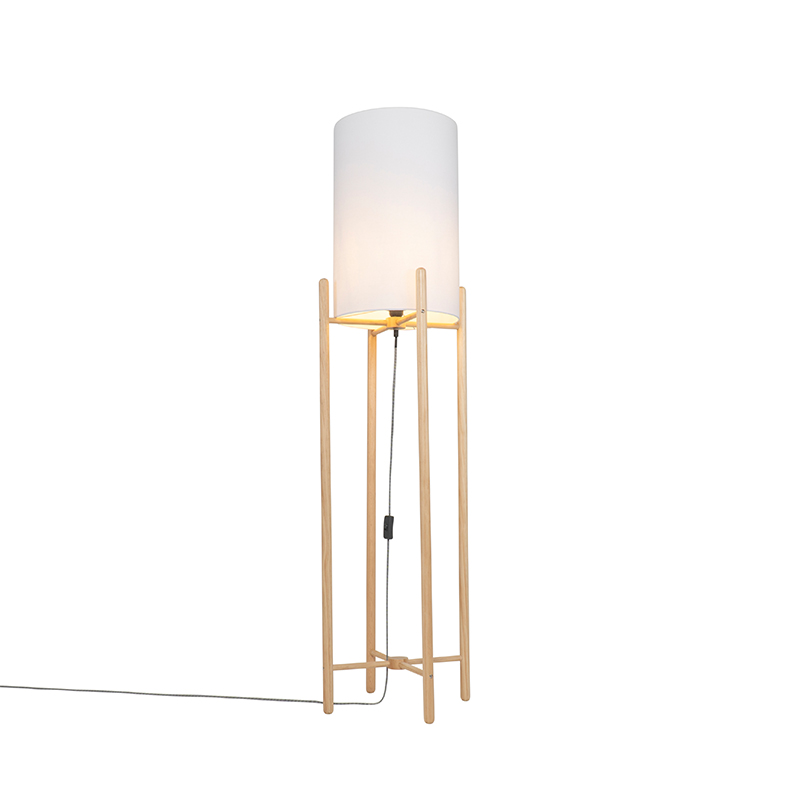 Vidiecka podlahová lampa drevená s bielym tienidlom - Lengi