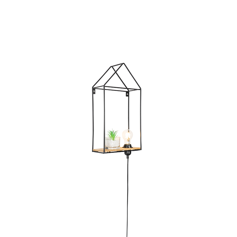 QAZQA Industriële wandlamp zwart met hout - Hiso