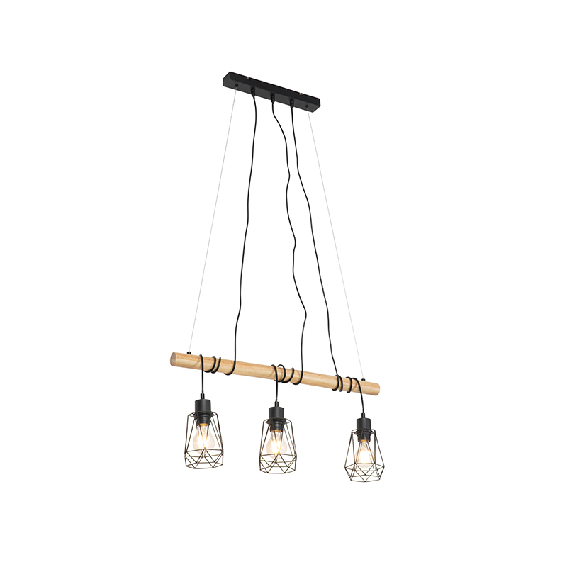 Landelijke hanglamp zwart met hout 3-lichts - Dami Frame Landelijke hanglamp zwart met hout 3-lichts - Dami Frame