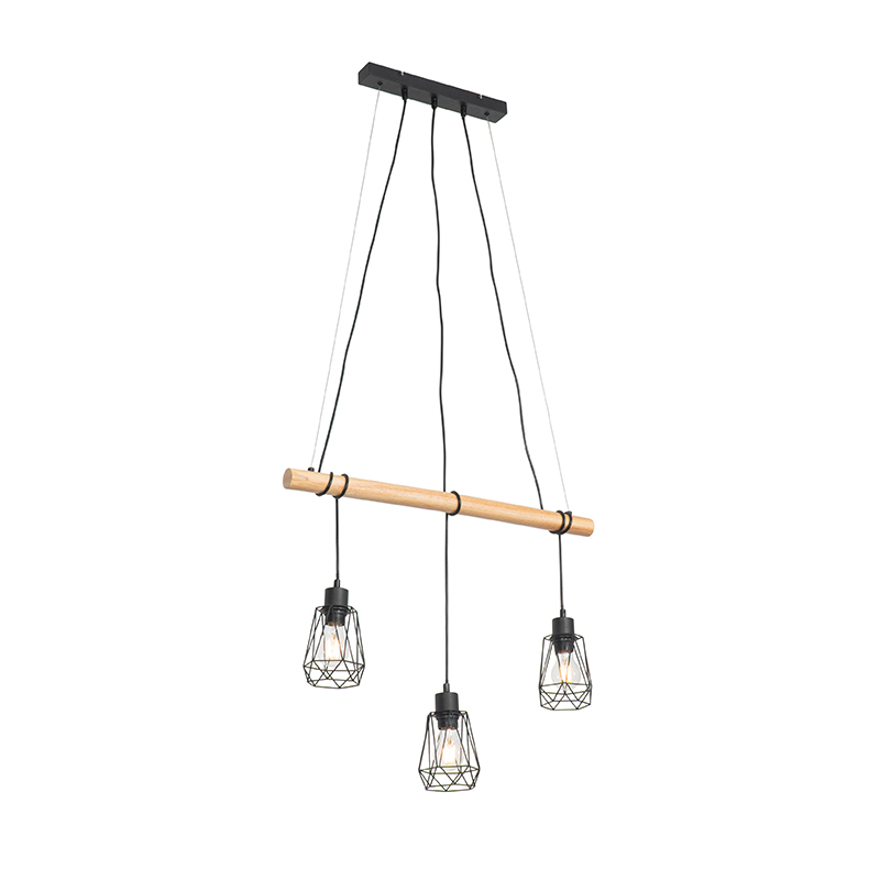 Landelijke hanglamp zwart met hout 3-lichts - Dami Frame