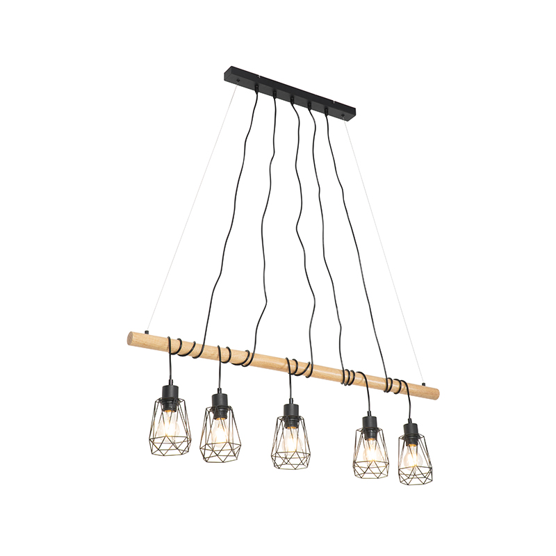 Landelijke hanglamp zwart met hout 5-lichts - Dami Frame Landelijke hanglamp zwart met hout 5-lichts - Dami Frame