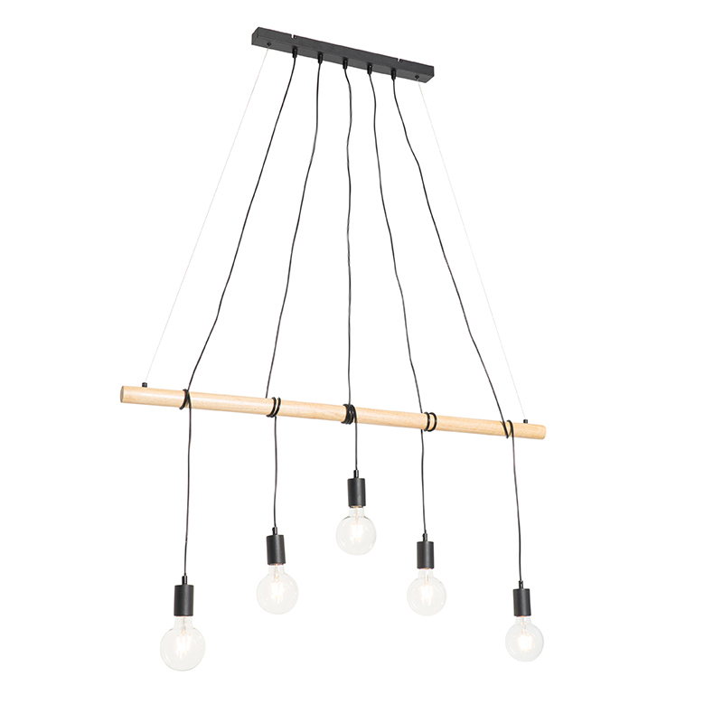 Vidiecka závesná lampa čierna s drevom 5-svetlá - Dami