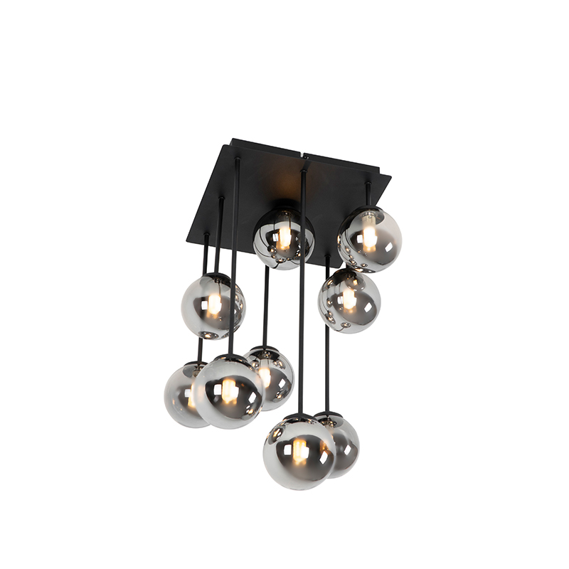 Modern Ceiling Light Black 9-Light with Smoke Glass - Athens