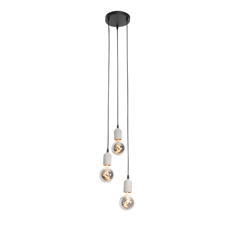 Priemyselné závesné svietidlo čierne s betónovým okrúhlym 3-svetlovým - Pedra