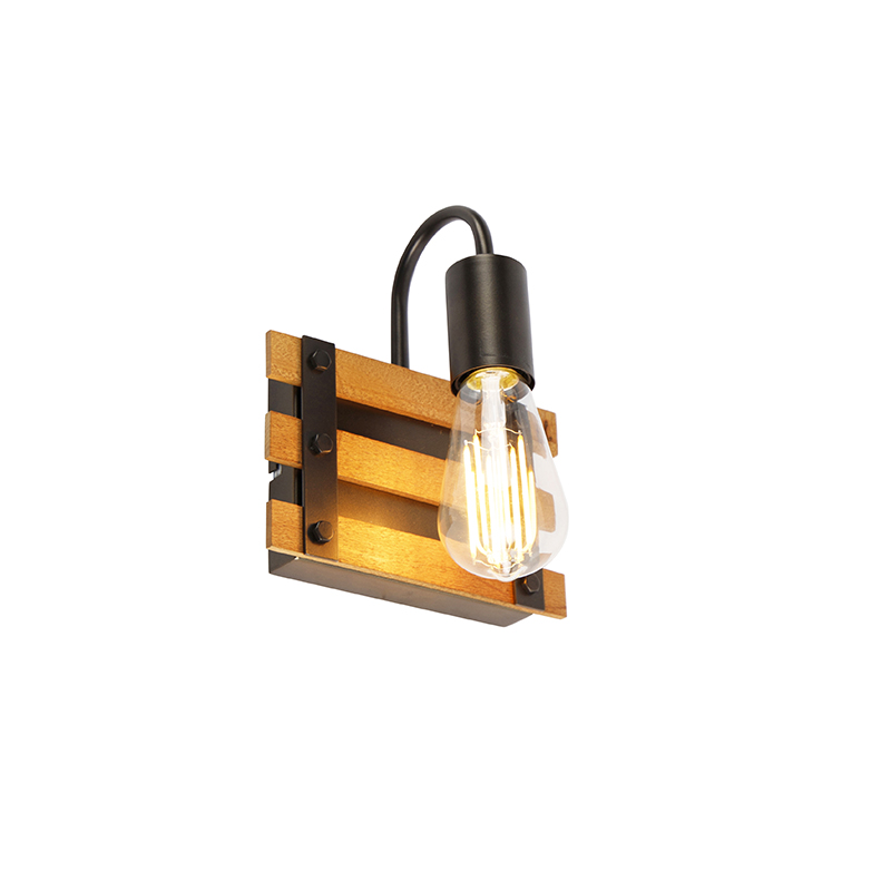 Priemyselná nástenná lampa čierna s drevom - Paleta Mai