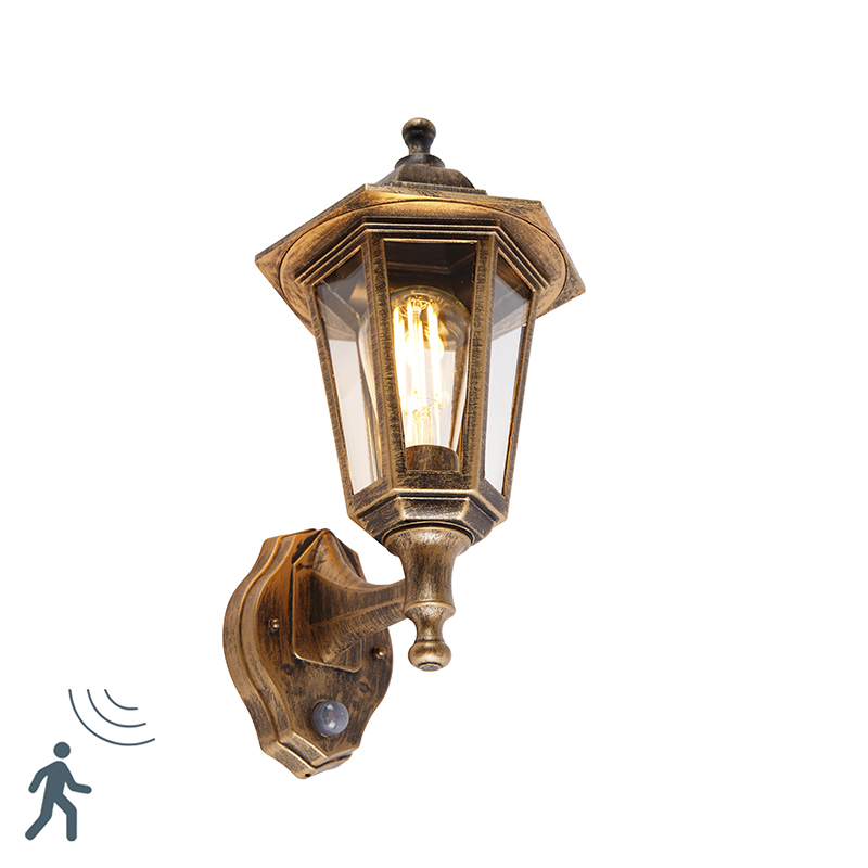 Klassieke buitenwandlamp antiek goud met bewegingssensor - New Haven Klassieke buitenwandlamp antiek goud met bewegingssensor - New Haven