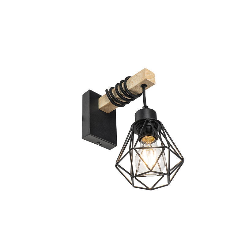 Landelijke wandlamp zwart met hout - Chon Landelijke wandlamp zwart met hout - Chon