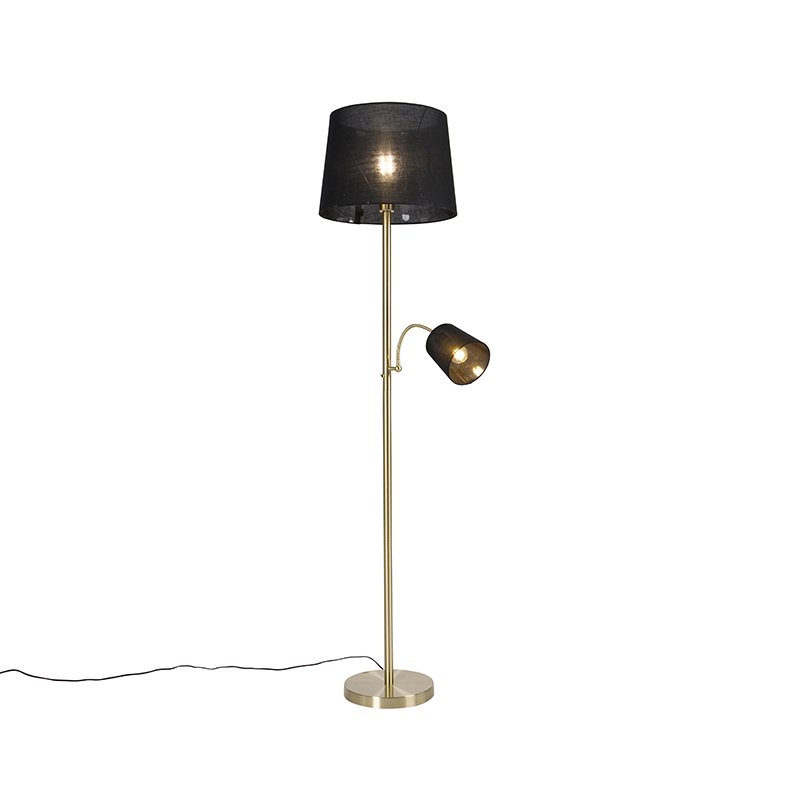 Klassieke vloerlamp goud stoffen kap zwart met leeslamp - Retro