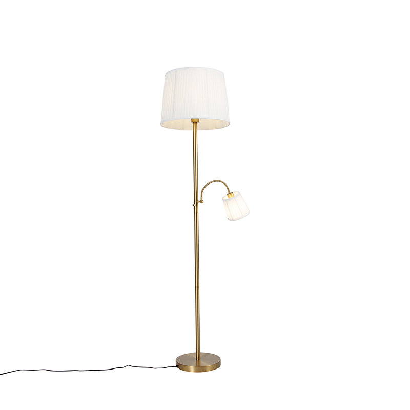 lampadaire classique bronze abat-jour en tissu blanc avec lampe de lecture - retro