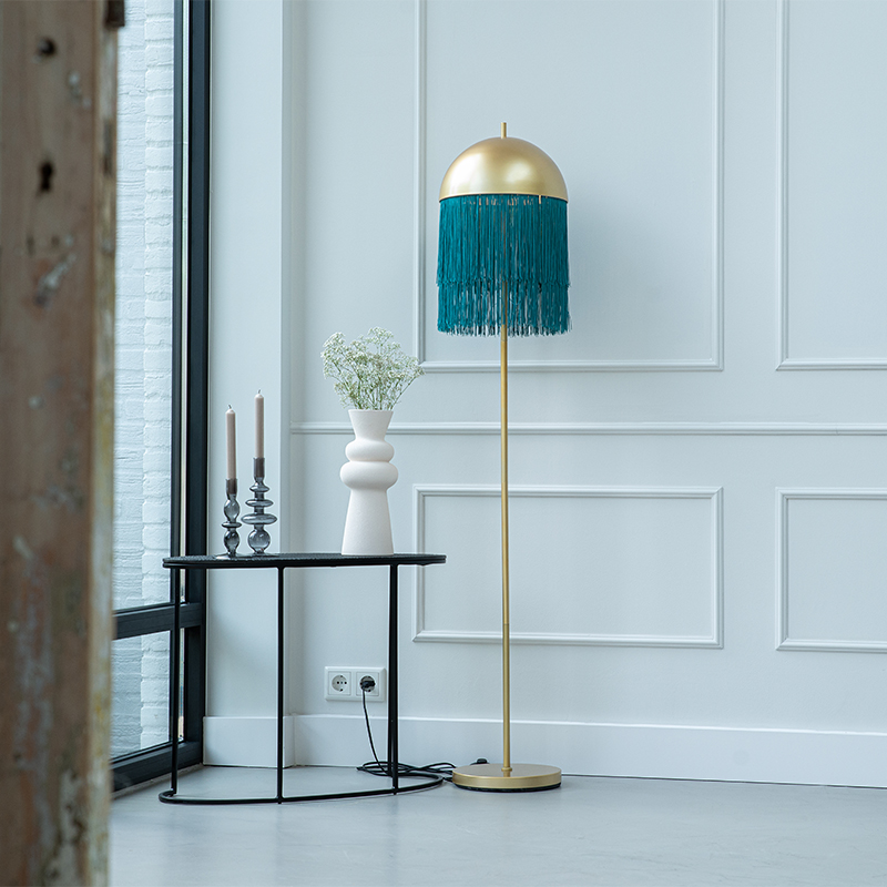 Oosterse vloerlamp goud met groene franjes 30 cm - Fringle Oosterse vloerlamp goud met groene franjes 30 cm - Fringle