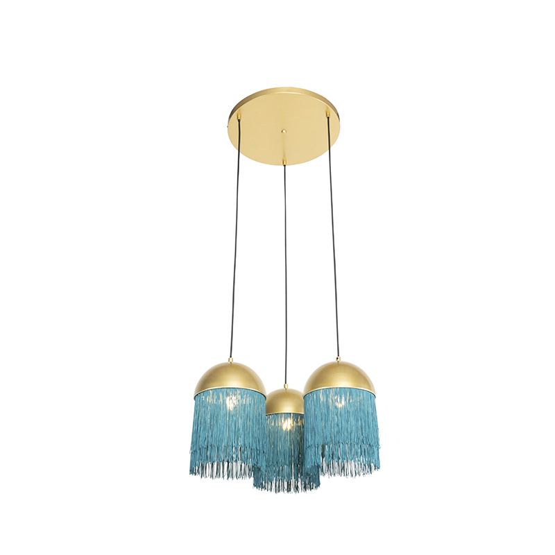 Oosterse hanglamp goud met groene franjes 3-lichts - Fringle Oosterse hanglamp goud met groene franjes 3-lichts - Fringle