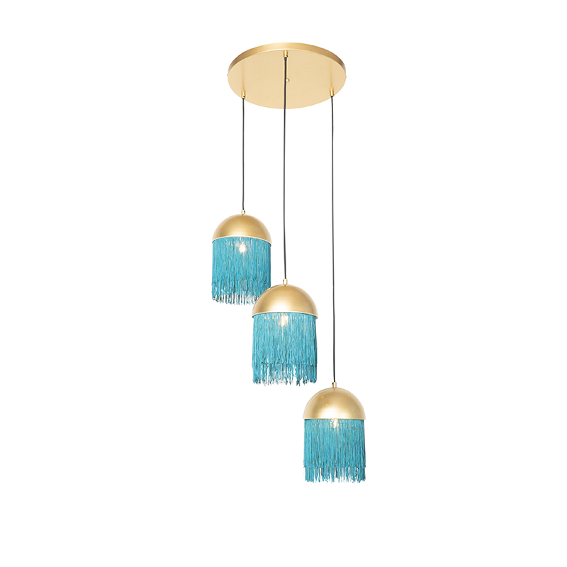 Orientalna lampa wisząca złota z zielonymi frędzlami 3-punktowa - Fringle