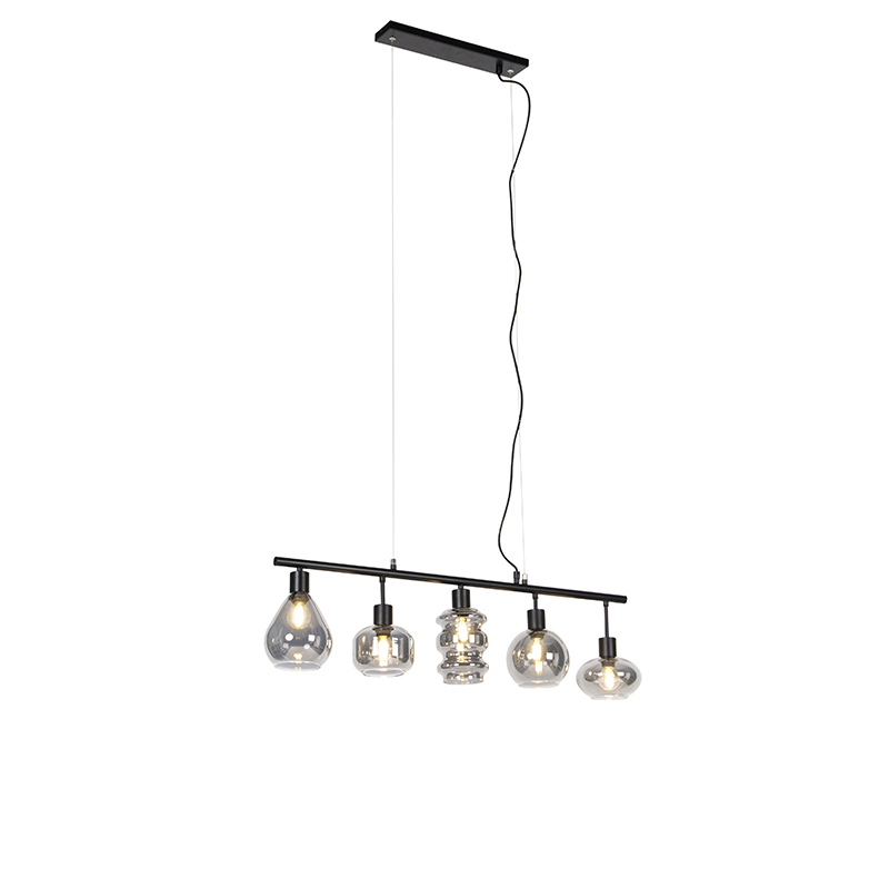 Art Deco závesná lampa čierna s dymovým sklom 5-svetlá - Gil