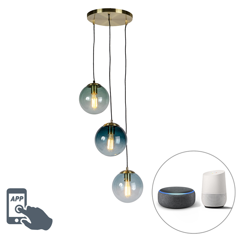 Smart hanglamp messing incl. 3 WiFi ST64 met blauw glas - Pallon Smart hanglamp messing incl. 3 WiFi ST64 met blauw glas - Pallon