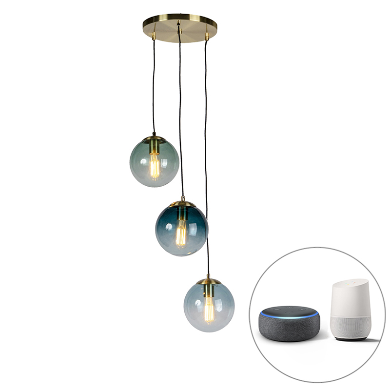 Lampe à suspension intelligente en laiton avec 3 WiFi ST64 avec verre bleu - Pallon
