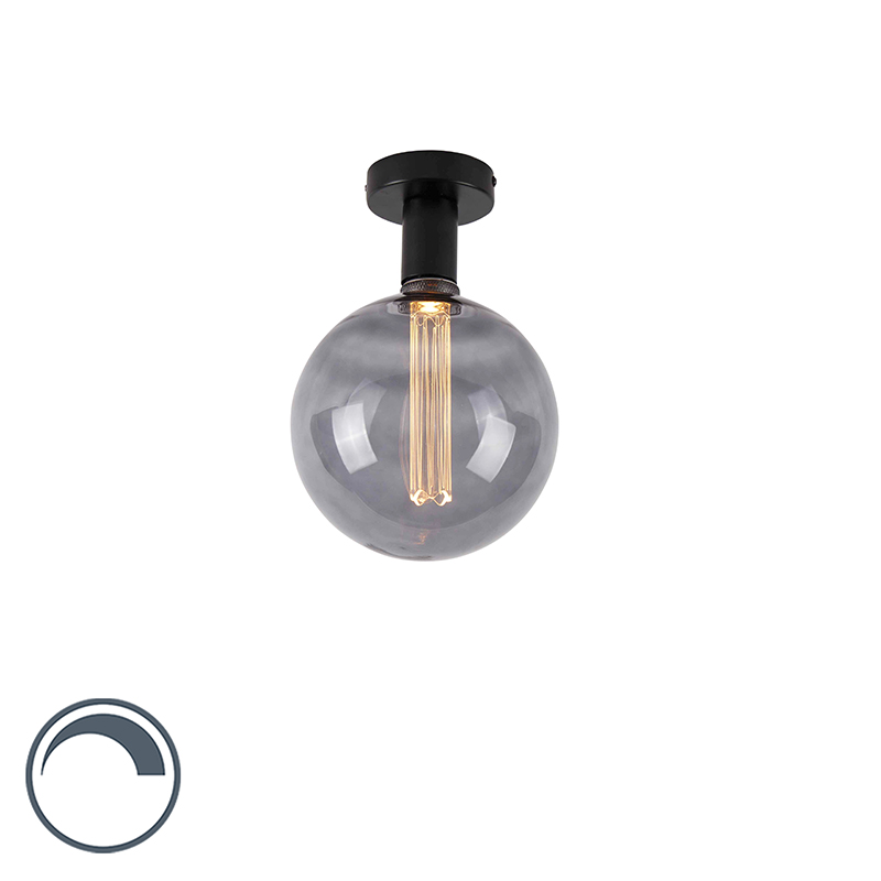 Plafondlamp zwart incl. E27 G200 smoke glas - Facile
