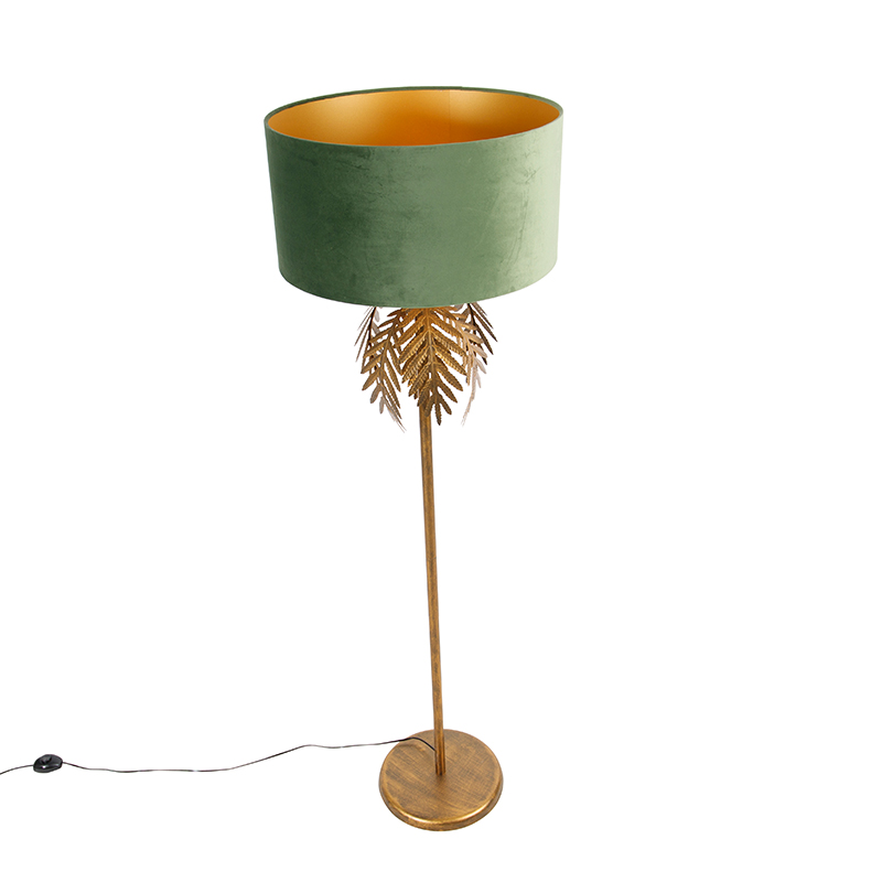 lampadaire vintage doré avec abat-jour en velours vert - botanica