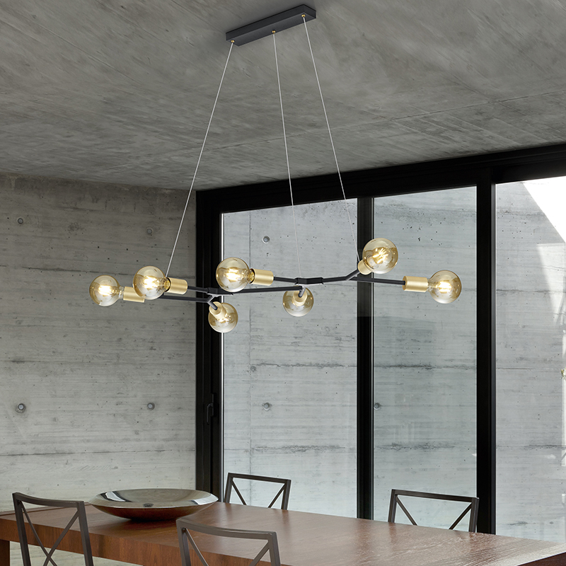 Design hanglamp zwart met goud 7-lichts - Dirk Design hanglamp zwart met goud 7-lichts - Dirk