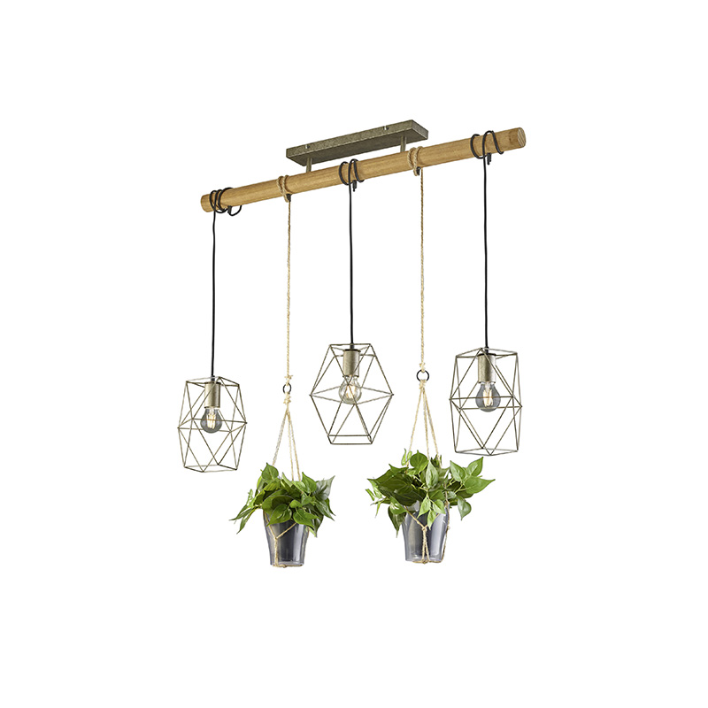 Vidiecka lampa na zavesenie oceľová s dreveným 3-svetlom - Sarah