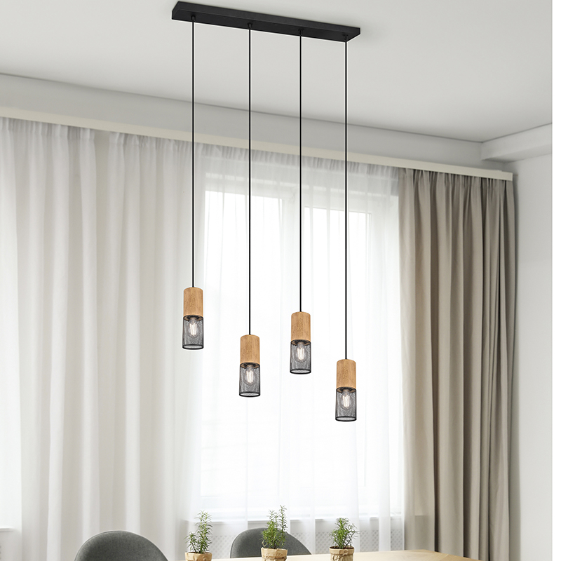 Industriële hanglamp zwart met hout 4-lichts - Manon Industriële hanglamp zwart met hout 4-lichts - Manon
