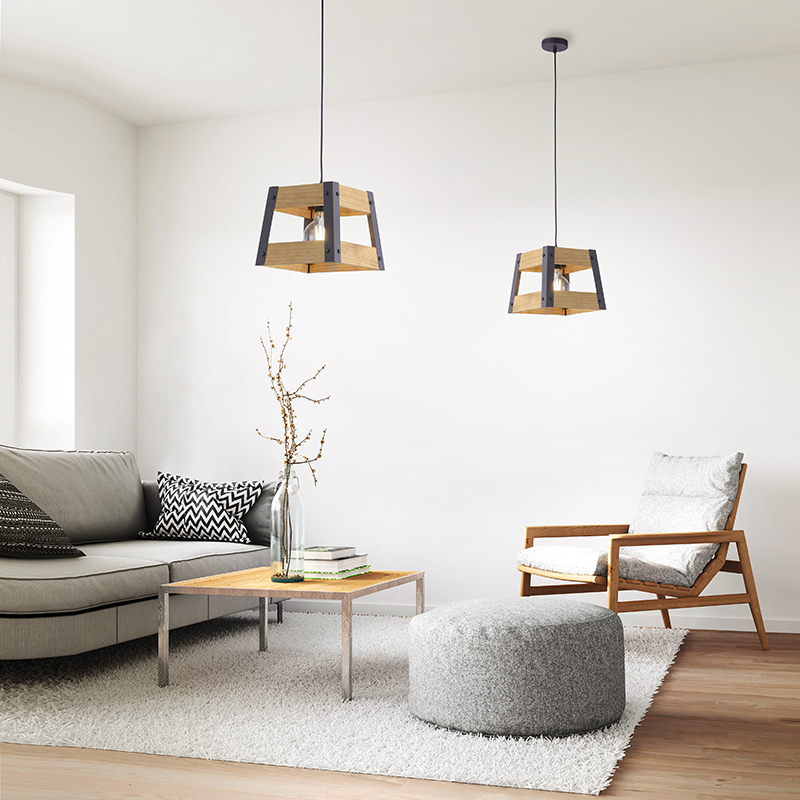 Industriële hanglamp zwart met hout - Krat Industriële hanglamp zwart met hout - Krat
