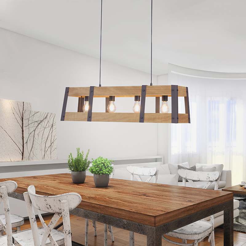 Industriële hanglamp zwart met hout 4-lichts - Krat Industriële hanglamp zwart met hout 4-lichts - Krat