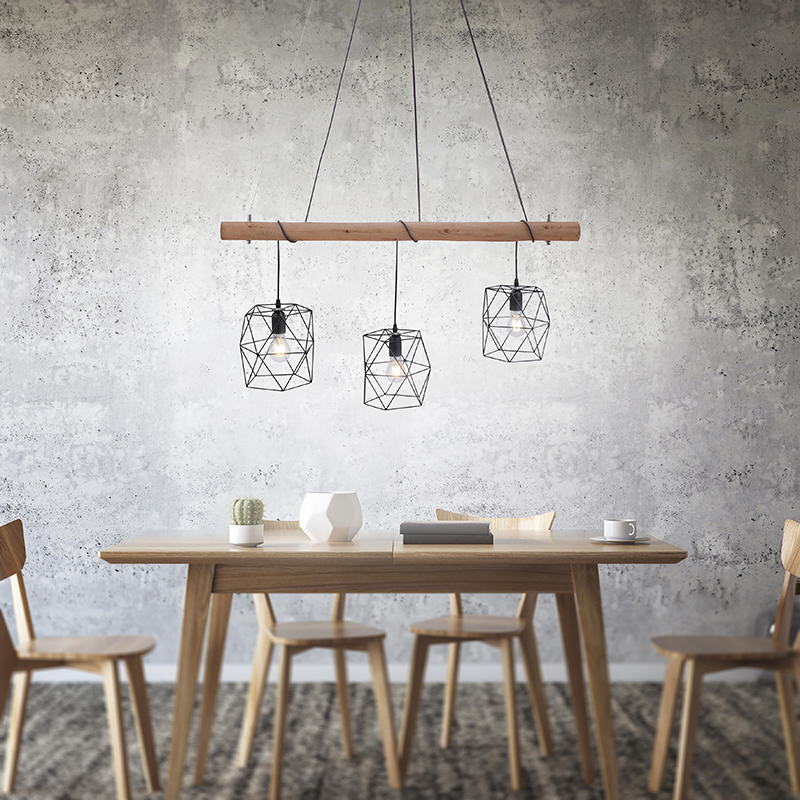 Industriële hanglamp zwart met hout 3-lichts - Mediena Industriële hanglamp zwart met hout 3-lichts - Mediena