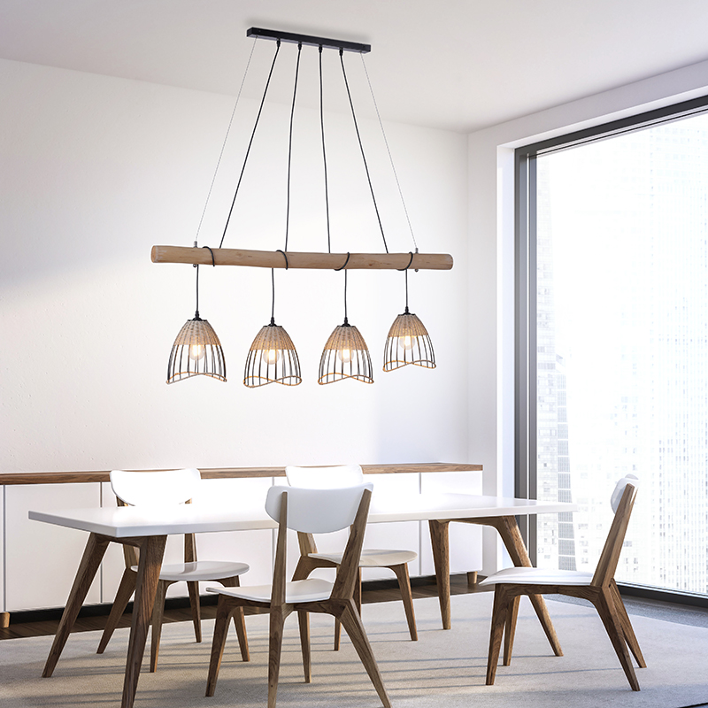 Landelijke hanglamp zwart met riet 4-lichts - Treccia Pua Landelijke hanglamp zwart met riet 4-lichts - Treccia Pua